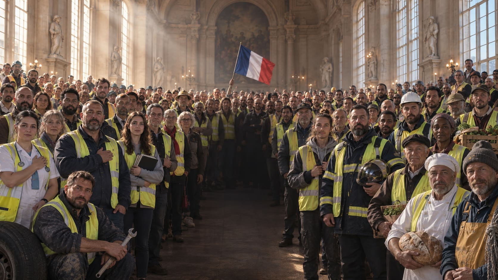 Illustration : des gilets jaunes de tous les métiers (infirmière, pompier, boulanger, mécanicien) réunis dans un palais sous un drapeau français